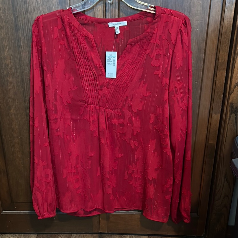 Maurices Red Relaxed Blouse with Long Sleeves